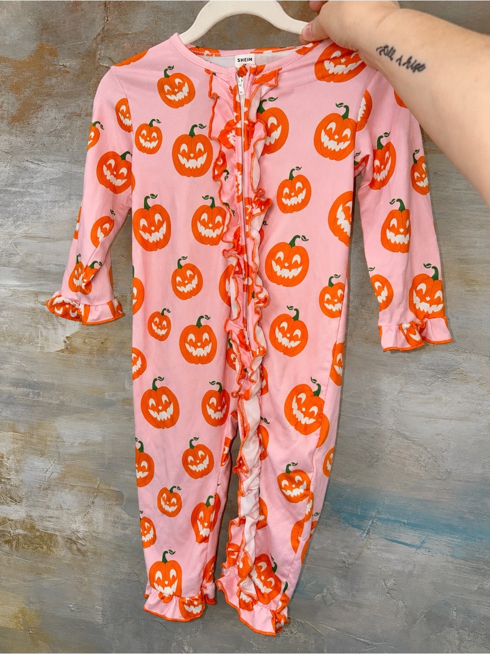 9-12M Pink Pumpkin Halloween Ruffle Zip Pajamas